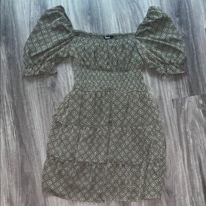 Tweeds Olive Puff-Sleeve Smocked Tiered Mini Dress